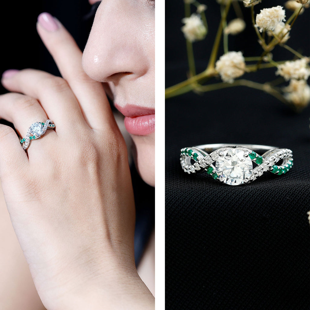 Lab Grown Diamond Crossover Engagement Ring with Emerald