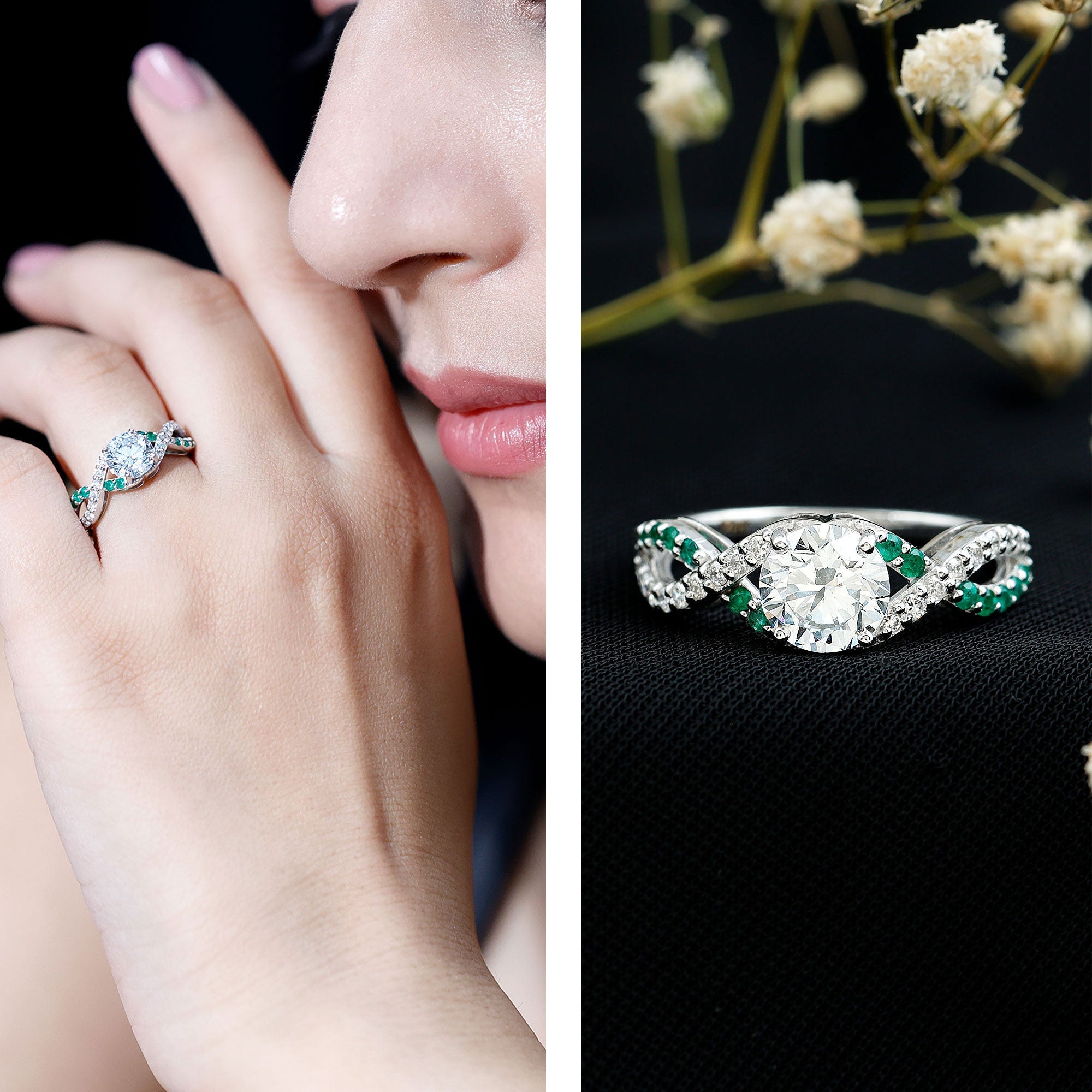 Lab Grown Diamond Crossover Engagement Ring with Emerald