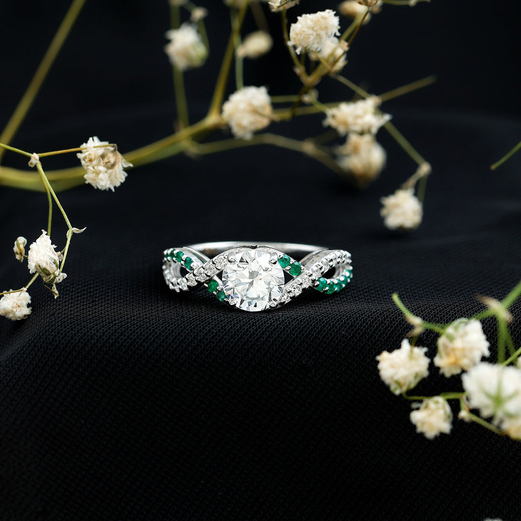Lab Grown Diamond Crossover Engagement Ring with Emerald
