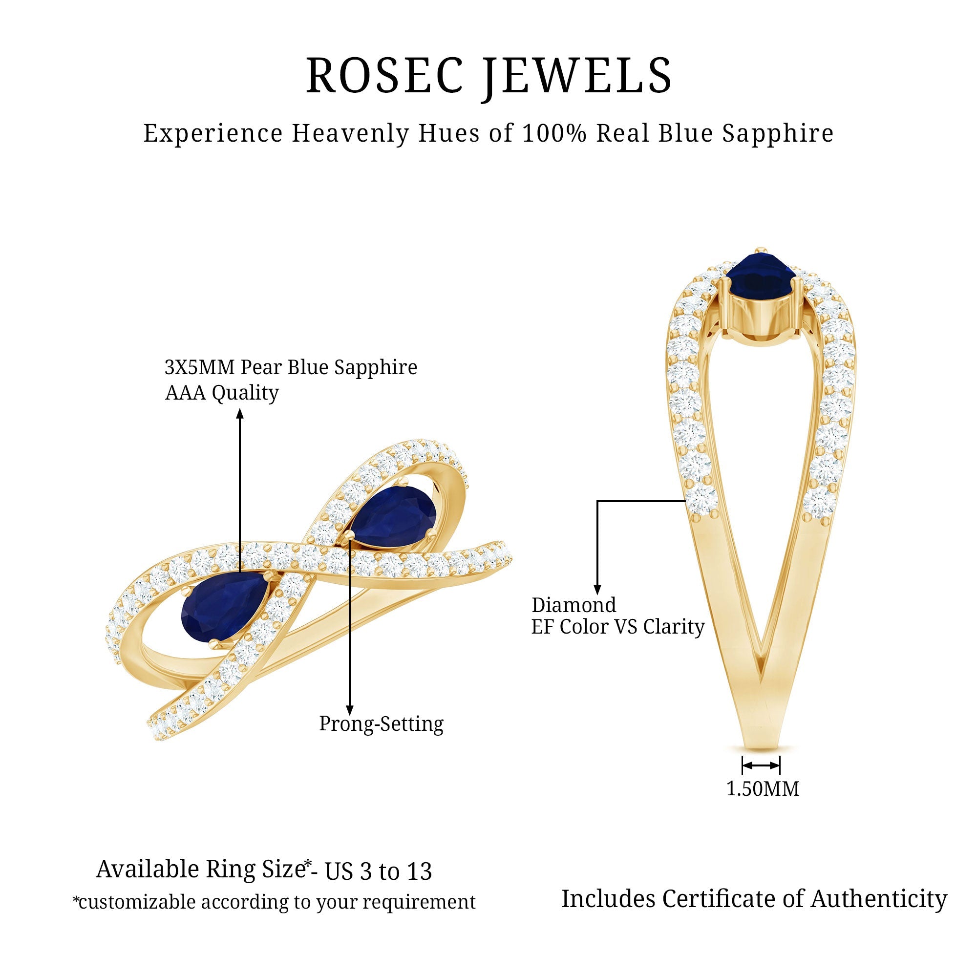 Lab Grown Diamond 2 Stone Engagement Ring with Blue Sapphire