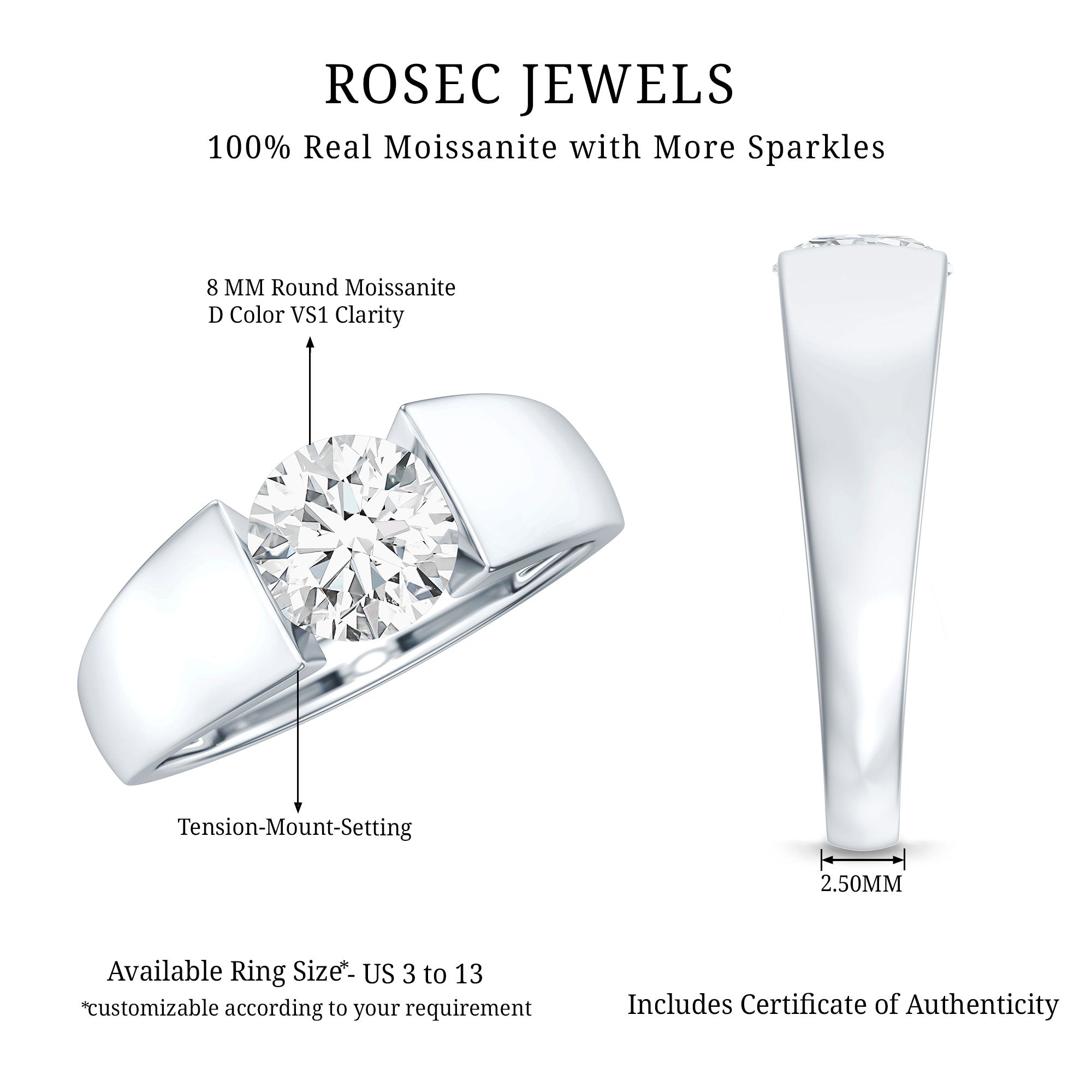 Certified Moissanite Solitaire Engagement Ring for Men