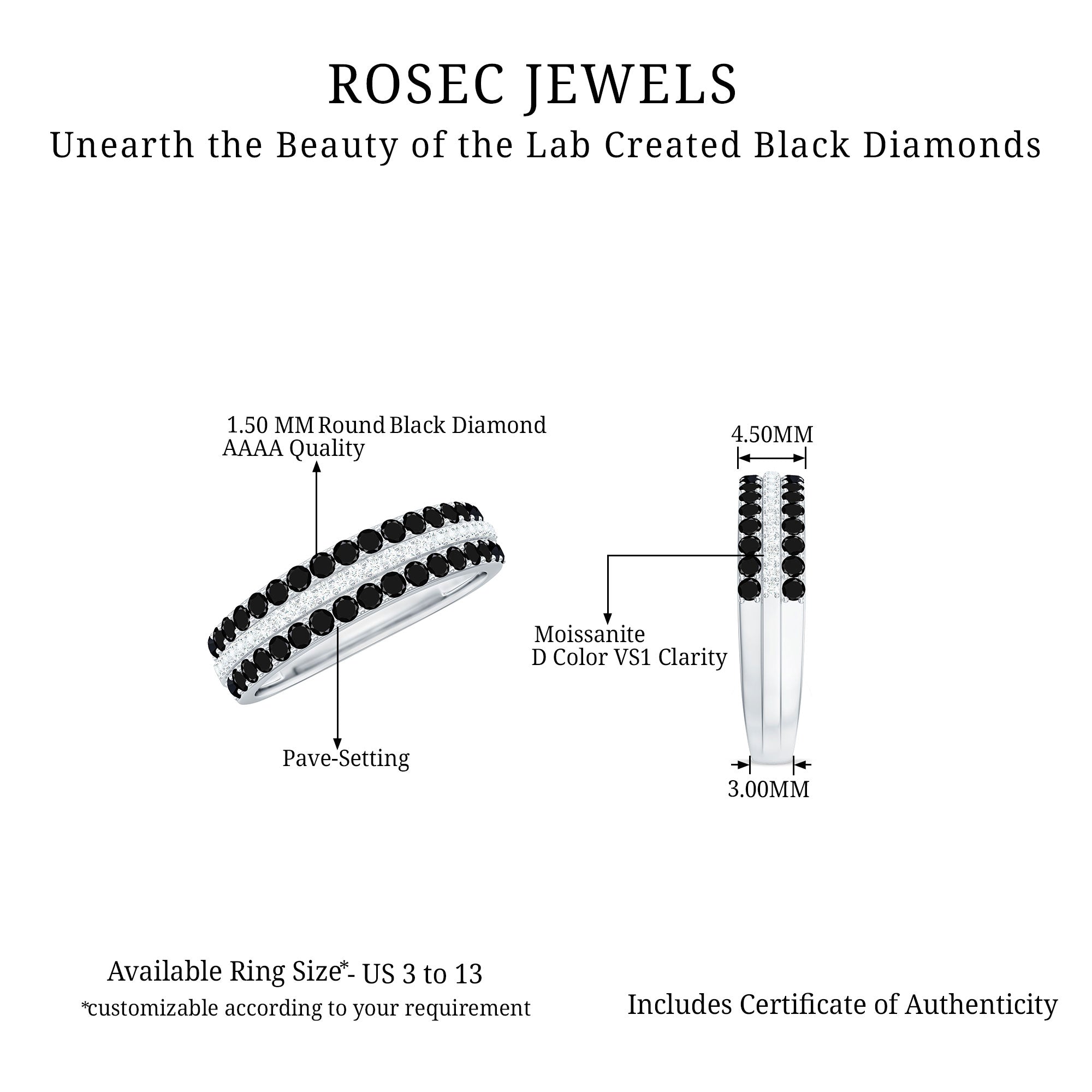 Wedding Band with Lab Grown Black Diamond and Moissanite