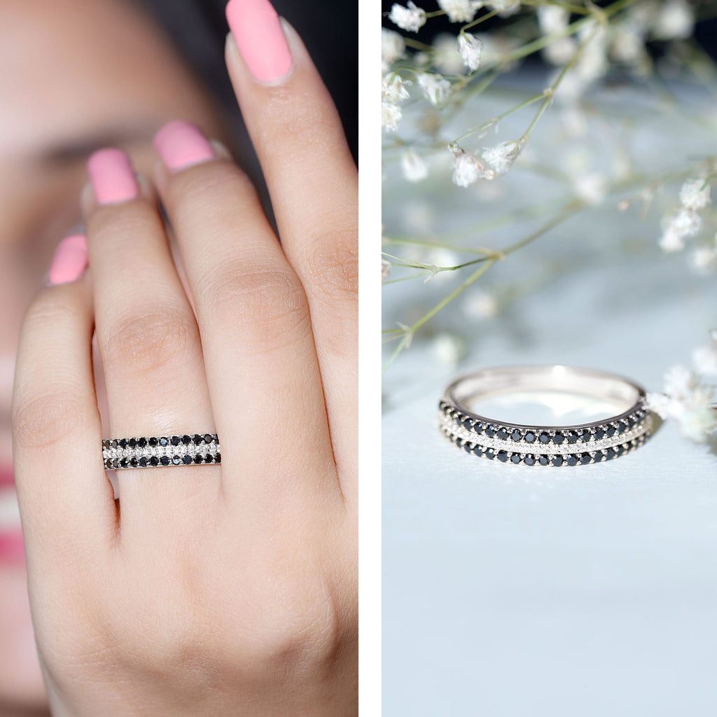 Wedding Band with Lab Grown Black Diamond and Moissanite