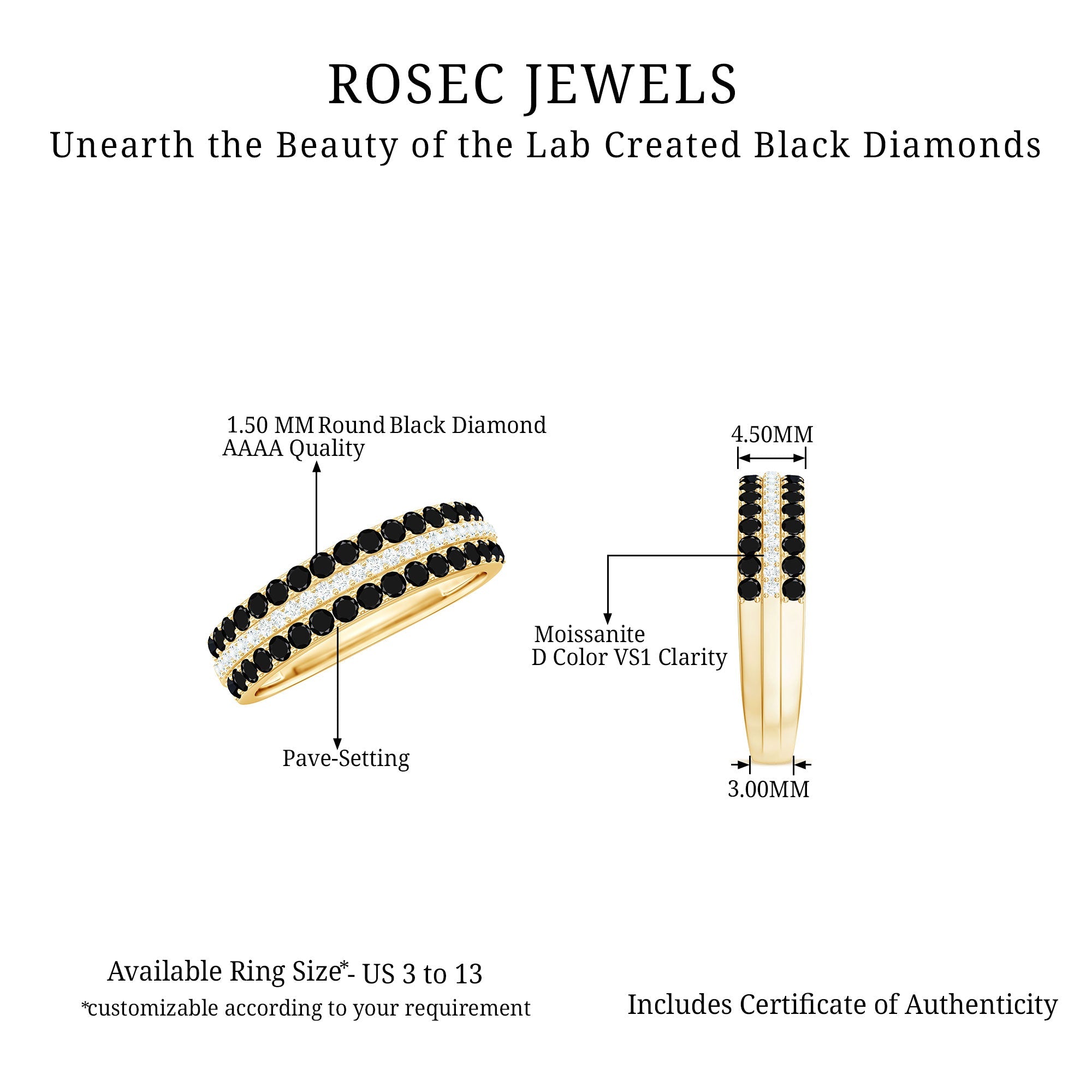 Wedding Band with Lab Grown Black Diamond and Moissanite
