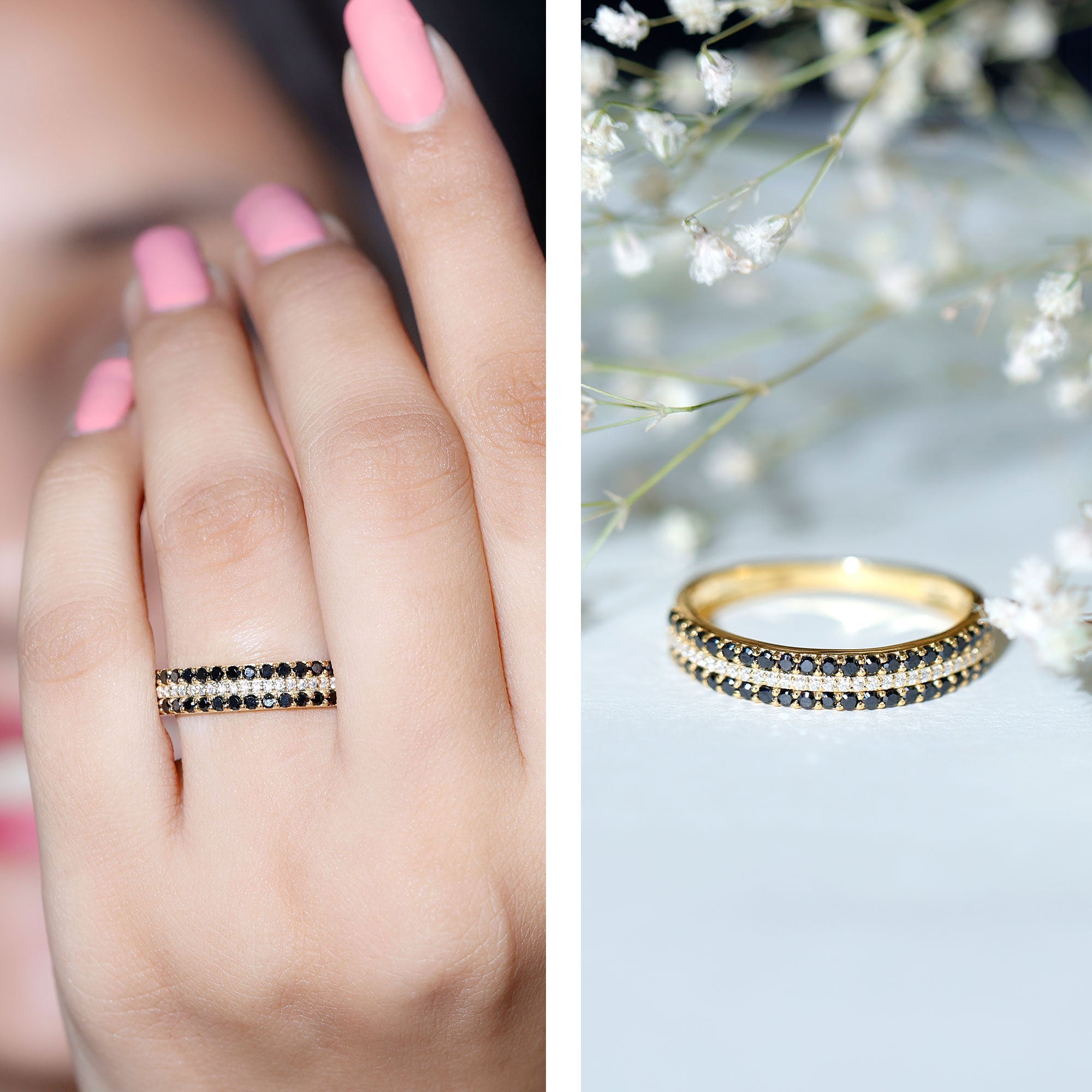 Wedding Band with Lab Grown Black Diamond and Moissanite