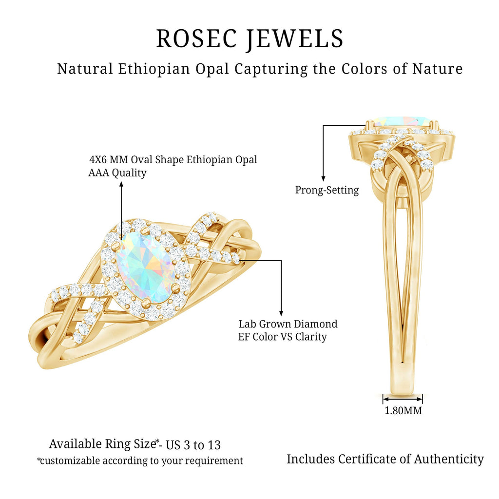 Oval Ethiopian Opal Designer Engagement Ring with Diamond Halo