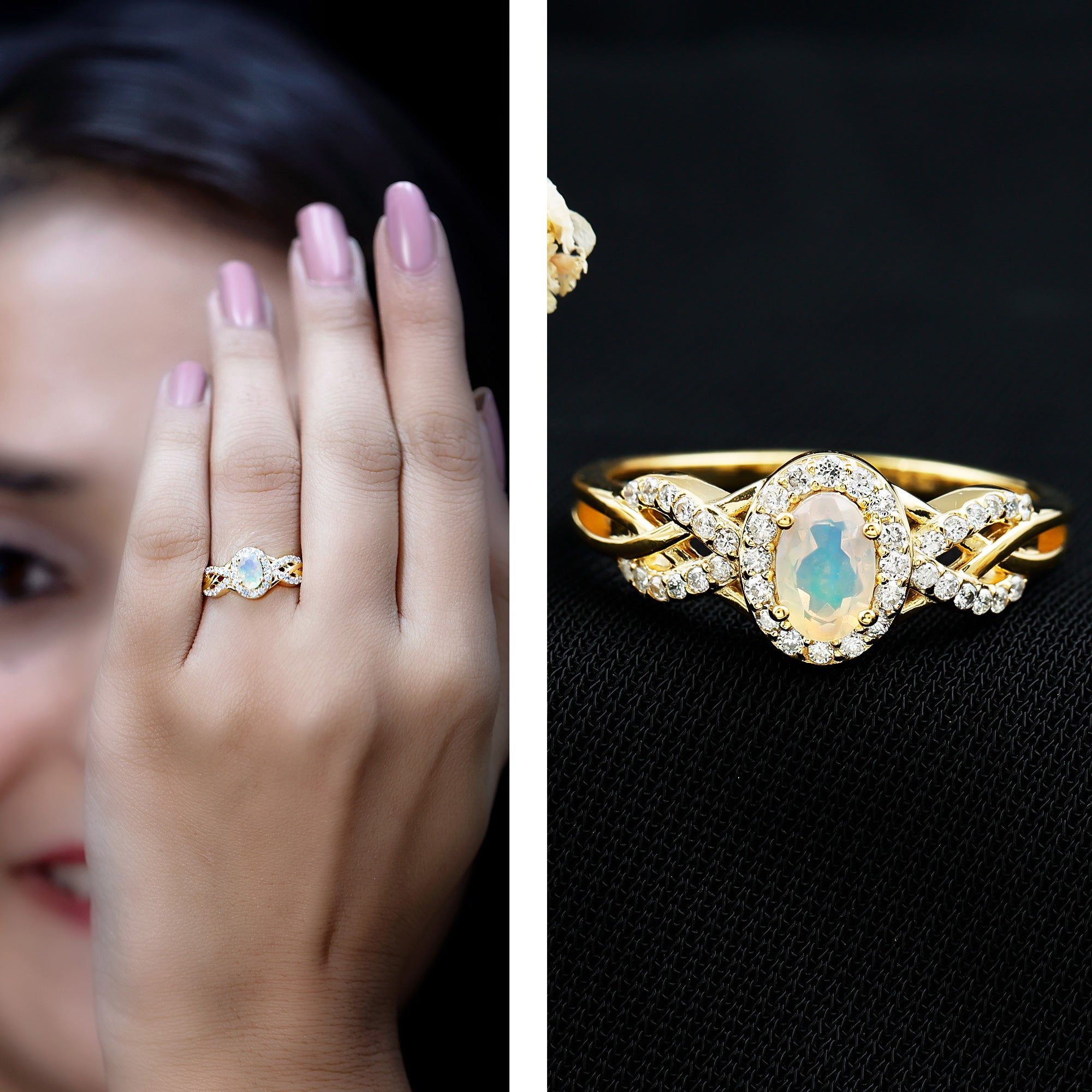 Oval Ethiopian Opal Designer Engagement Ring with Diamond Halo