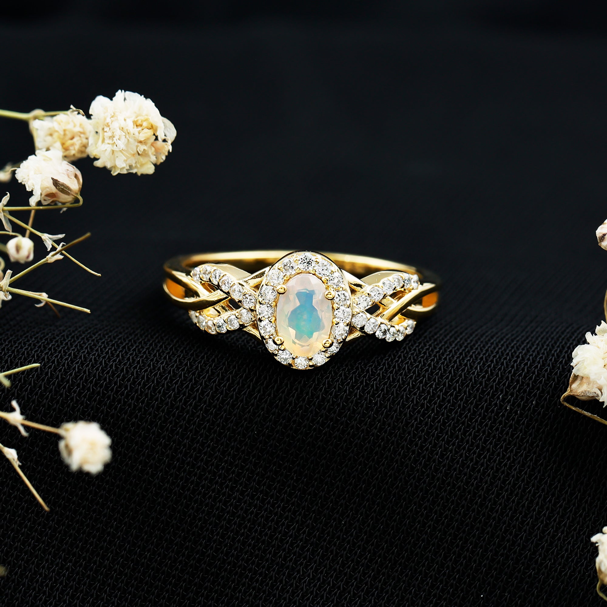 Oval Ethiopian Opal Designer Engagement Ring with Diamond Halo