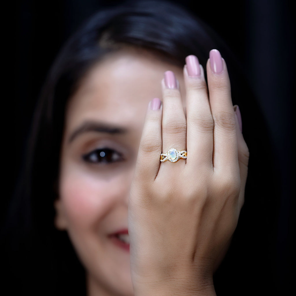 Oval Ethiopian Opal Designer Engagement Ring with Diamond Halo