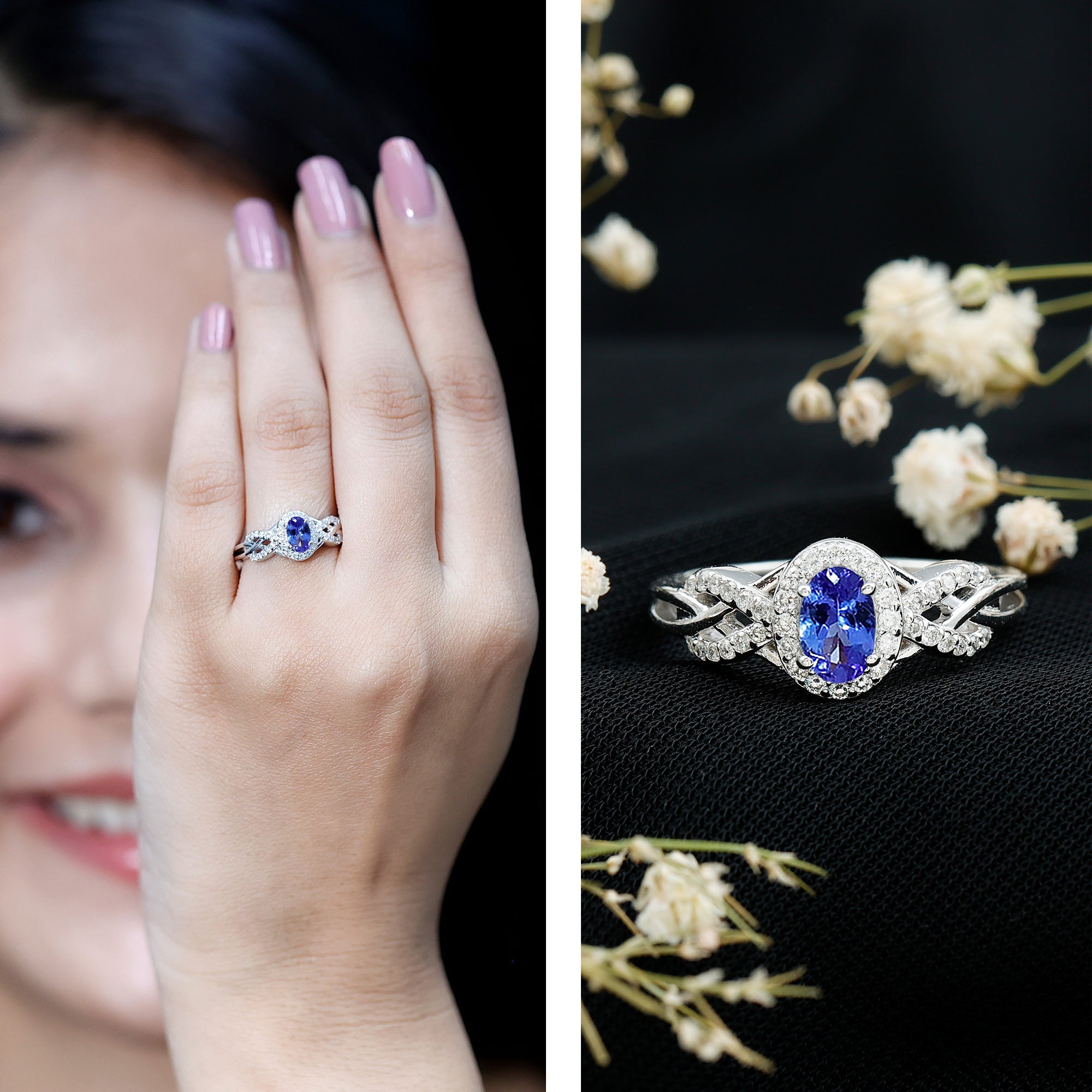 Real Tanzanite and Diamond Engagement Ring with Criss Cross Shank