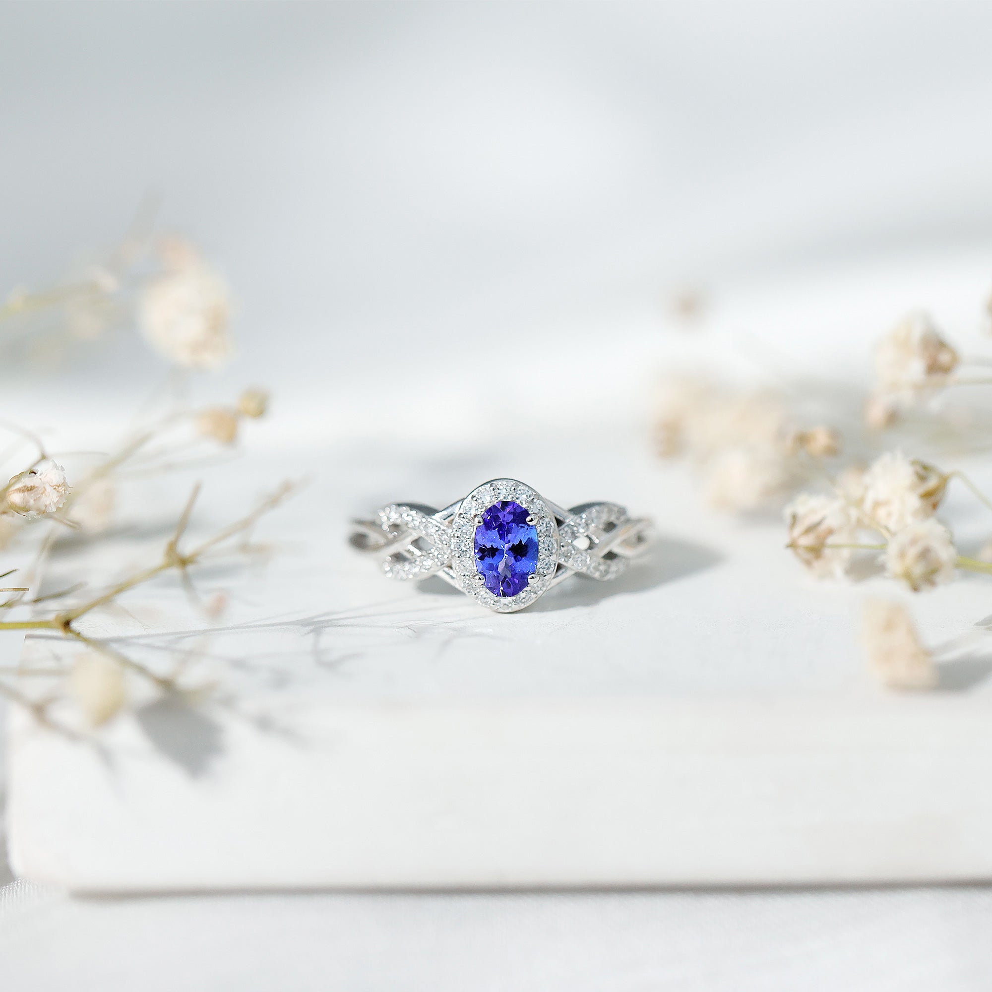 Real Tanzanite and Diamond Engagement Ring with Criss Cross Shank