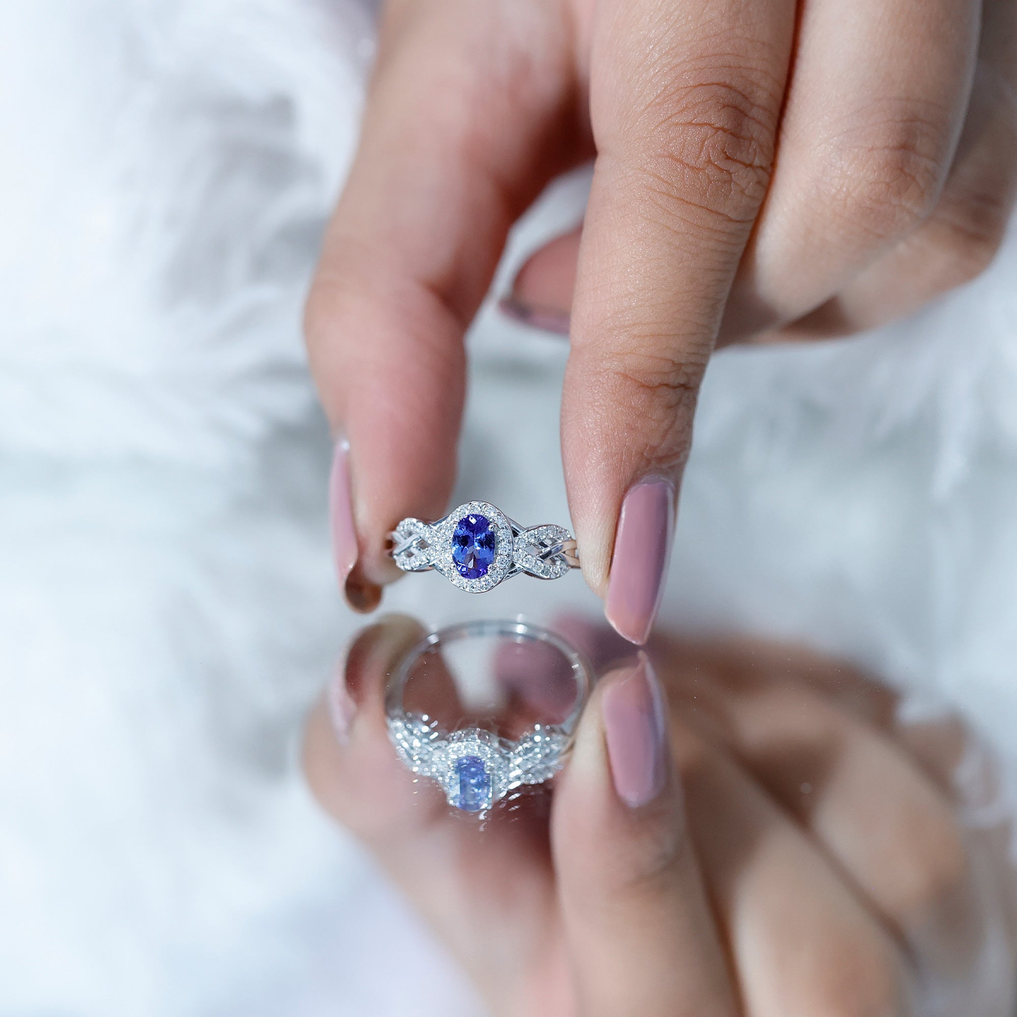 Real Tanzanite and Diamond Engagement Ring with Criss Cross Shank