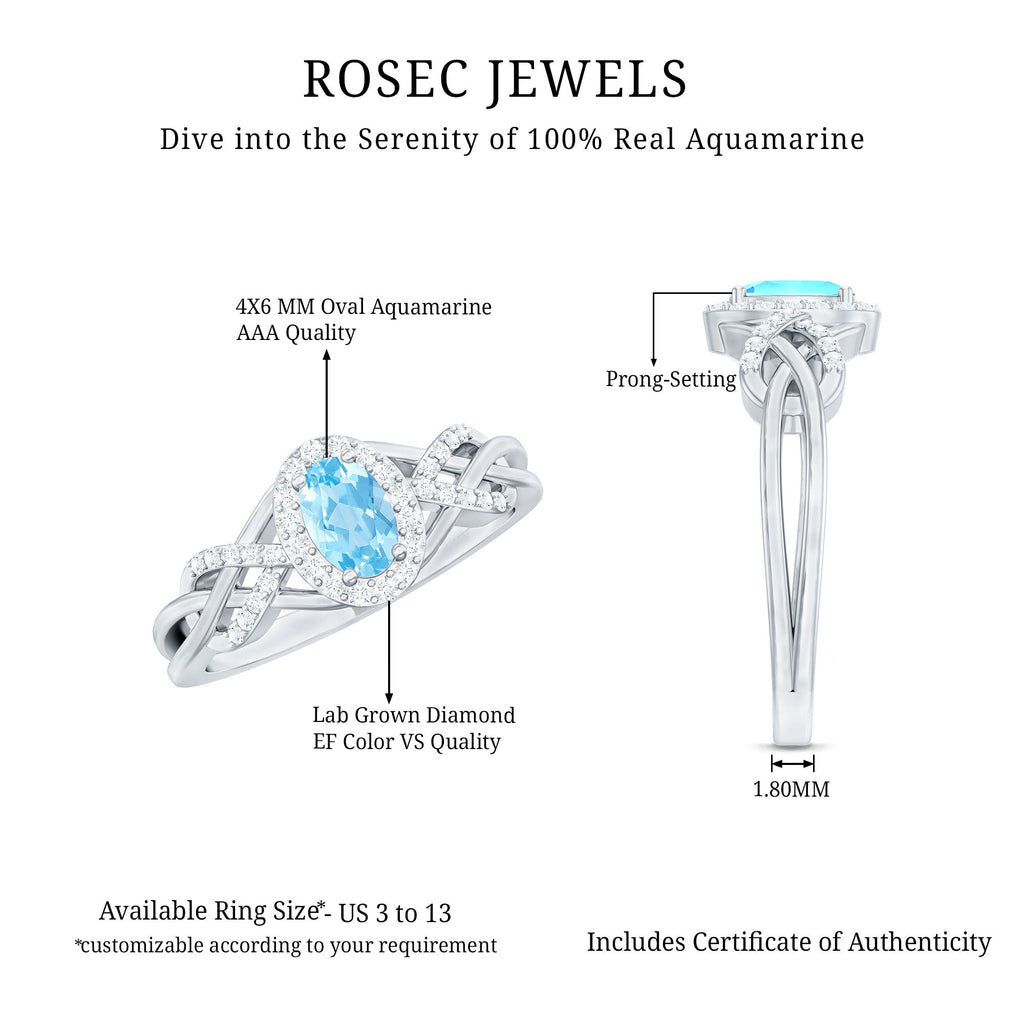 Genuine Aquamarine and Diamond Designer Engagement Ring in Silver