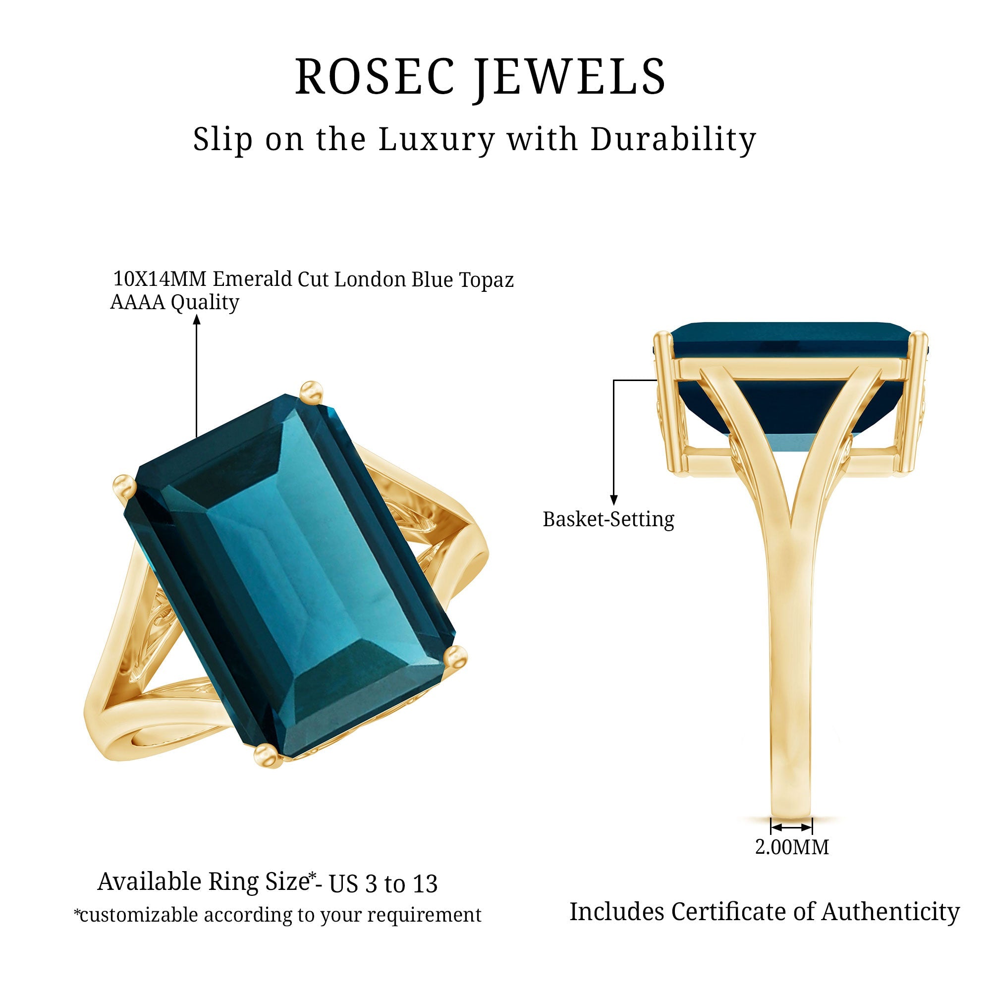 Lab Grown London Blue Topaz Emerald Cut Engagement Ring