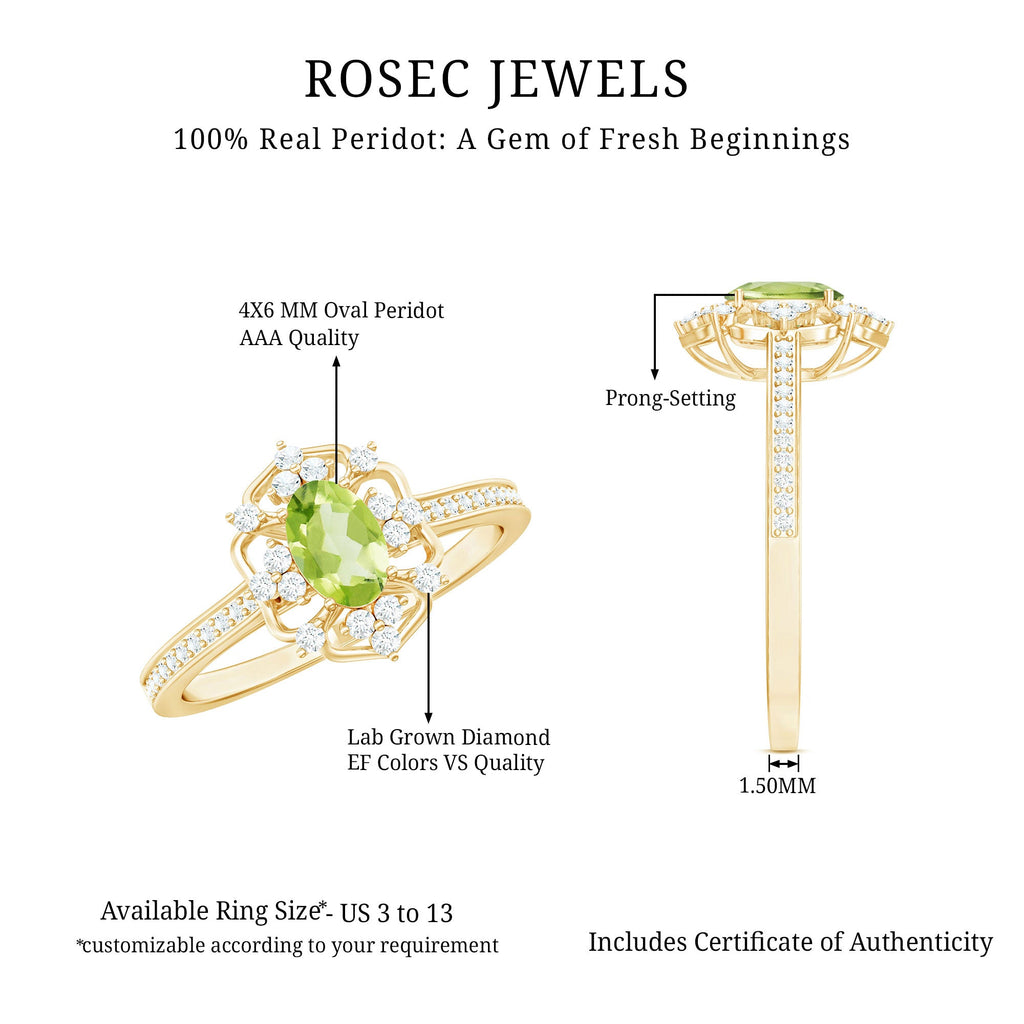 Peridot and Diamond Vintage Looking Engagement Ring