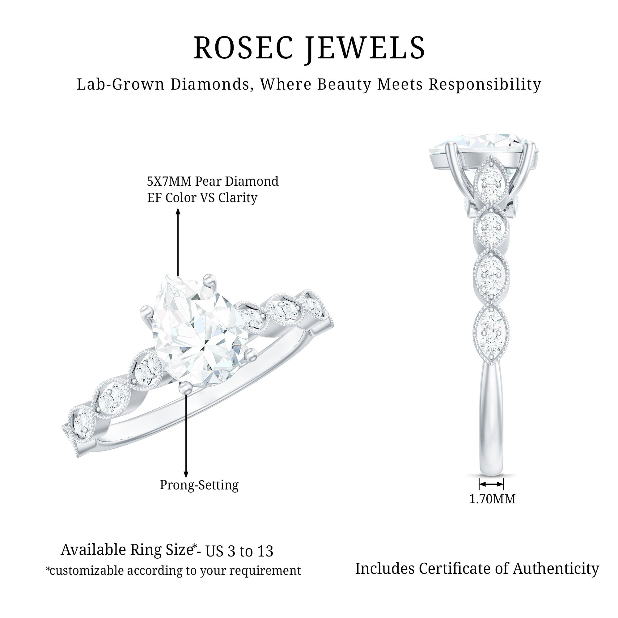 Pear Shape Lab Grown Diamond Scalloped Solitaire Ring