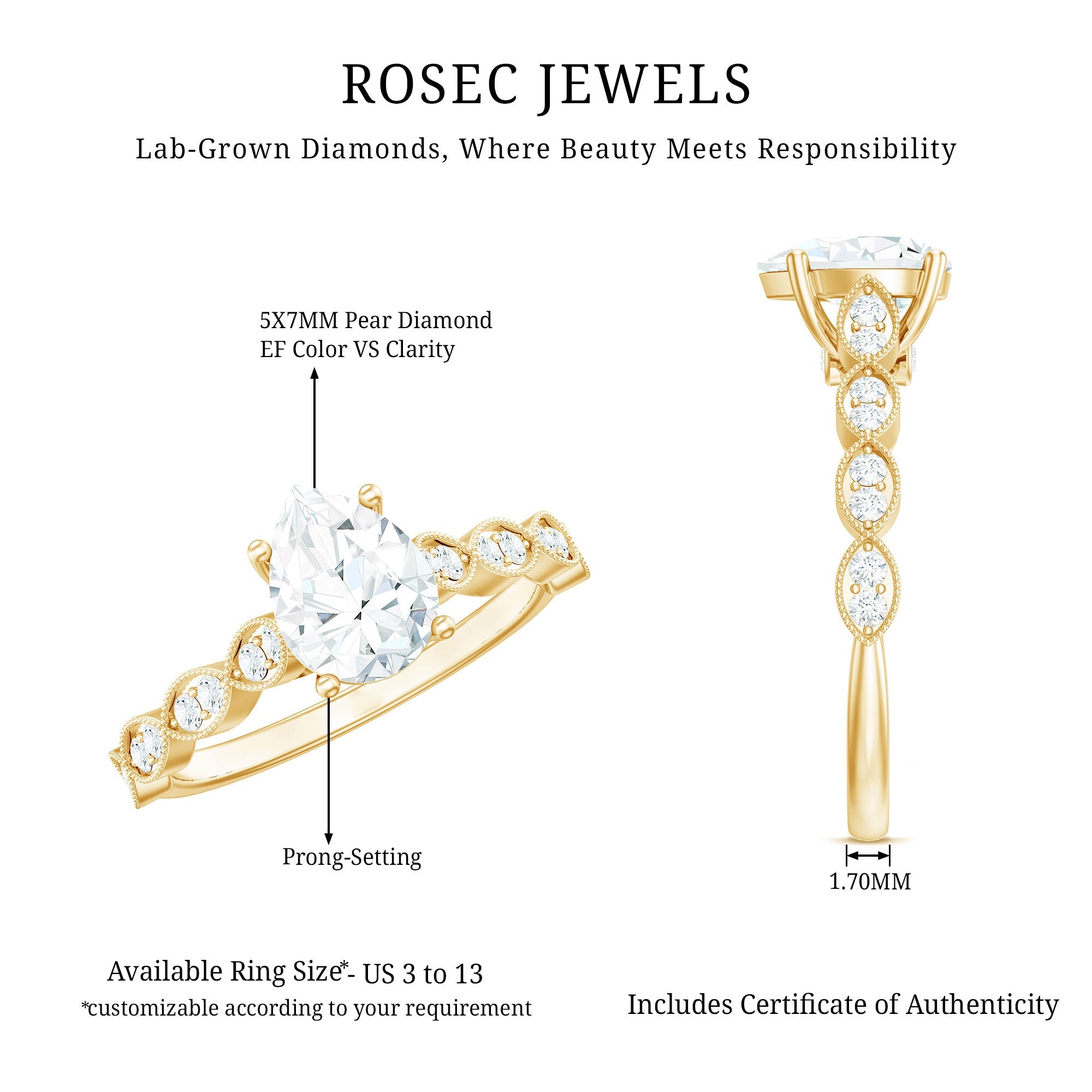 Pear Shape Lab Grown Diamond Scalloped Solitaire Ring