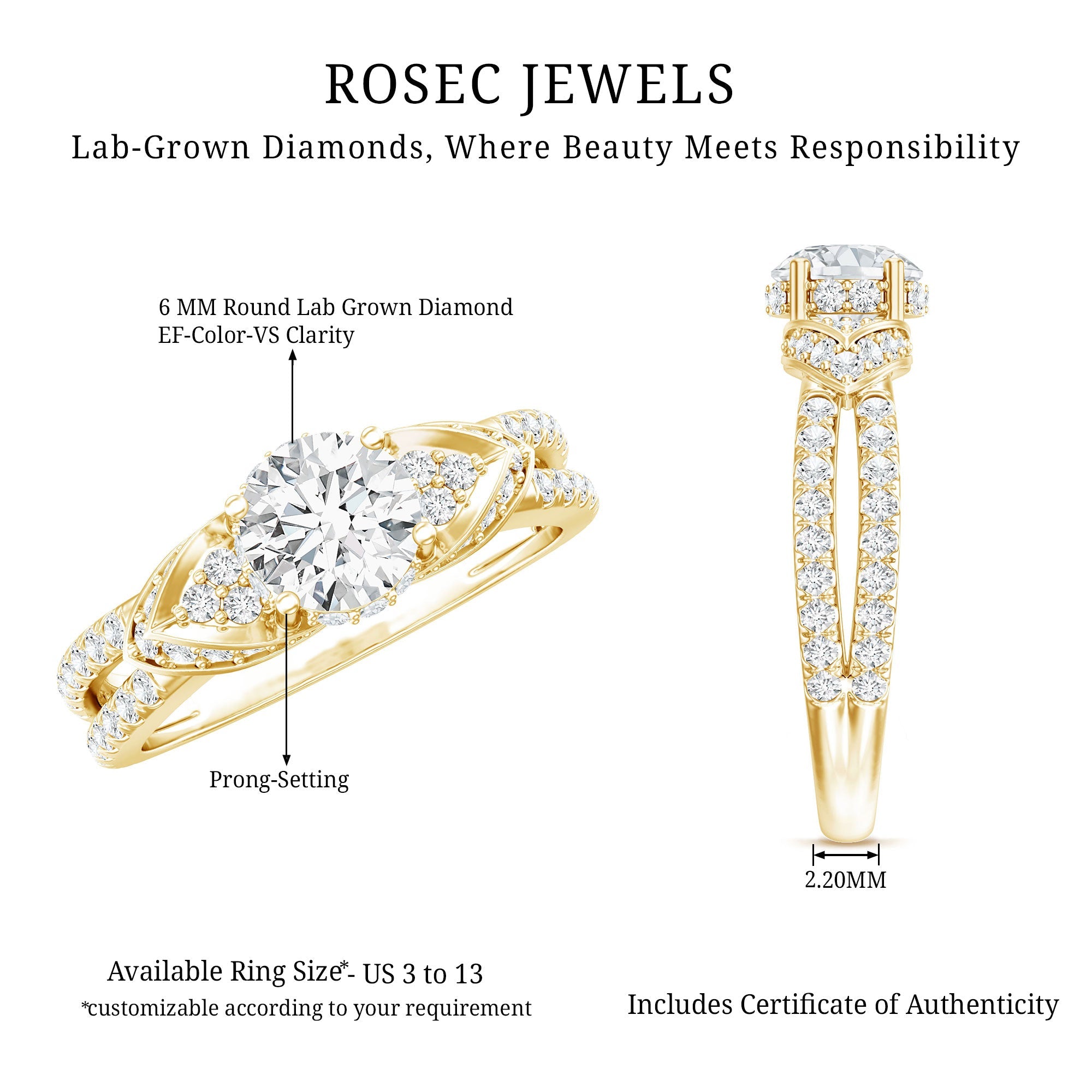 Lab Grown Diamond Round Engagement Ring With Side Stone