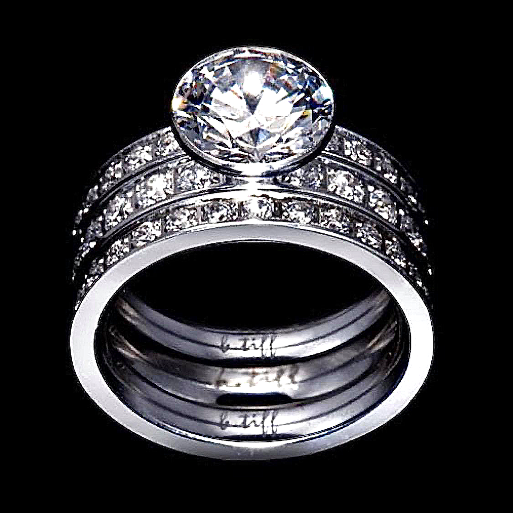 B.Tiff 2 ct Solitaire Pave Engagement Ring & Eternity Bands Set