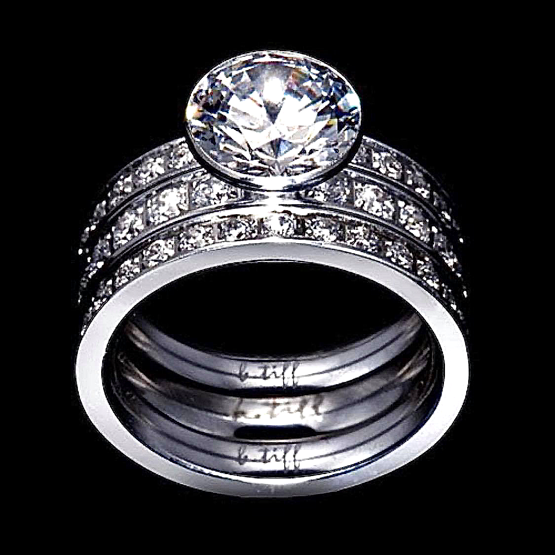 B.Tiff 2 ct Solitaire Pave Engagement Ring & Eternity Bands Set