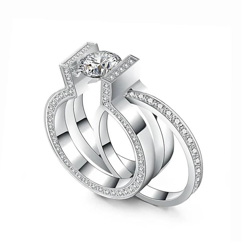 RG108W-111W B.Tiff 2 ct Round Solitaire Interlocking Engagement Ring & Eternity Band Set